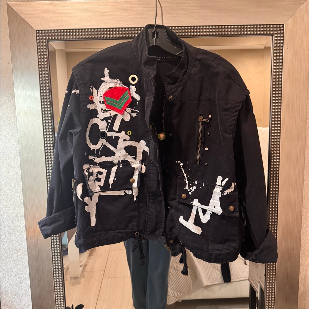 Zara Spray Paint Black Denim Jacket